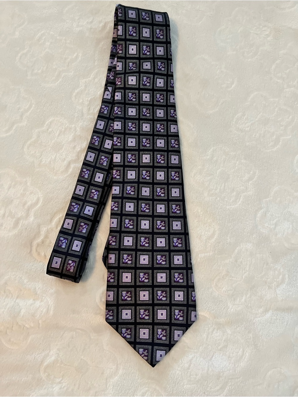 Murano Men's Black Tie with Purple Geometric Squares